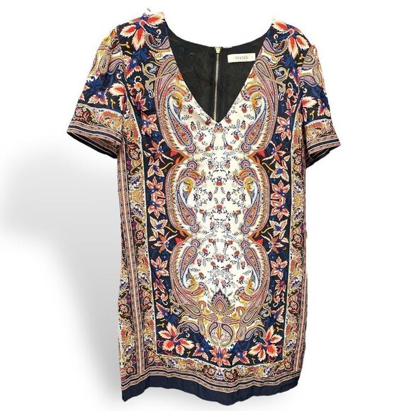 Oasis V Neck Paisley Print Colorful Floral Shift Dress - Picture 3 of 9